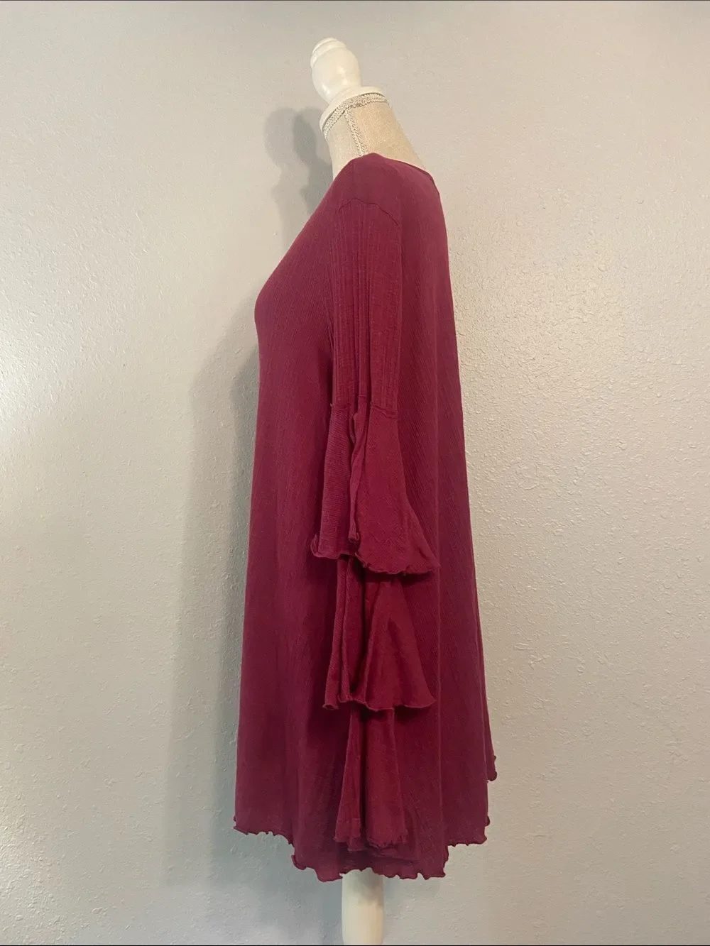 Free People Beach Burgundy Ruffled Long Sleeve Mini Dress Size Medium